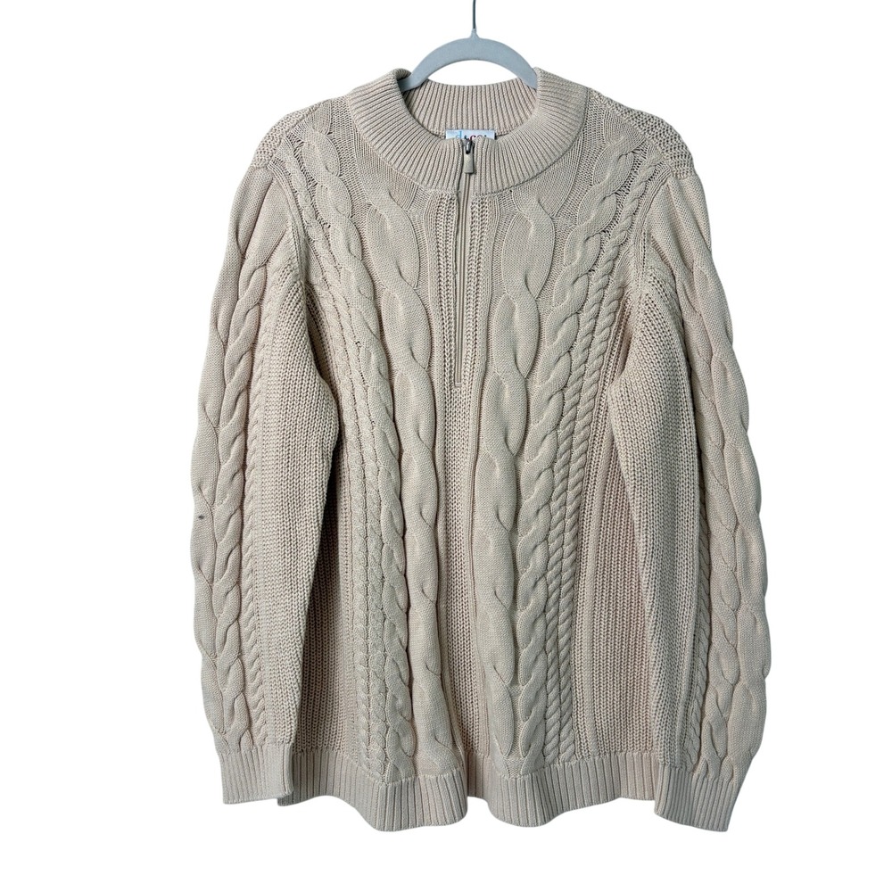 Denim & Co Half Zip  Cable Knit Sweater Women XL Cream ‎ 100% Cotton Mock Neck